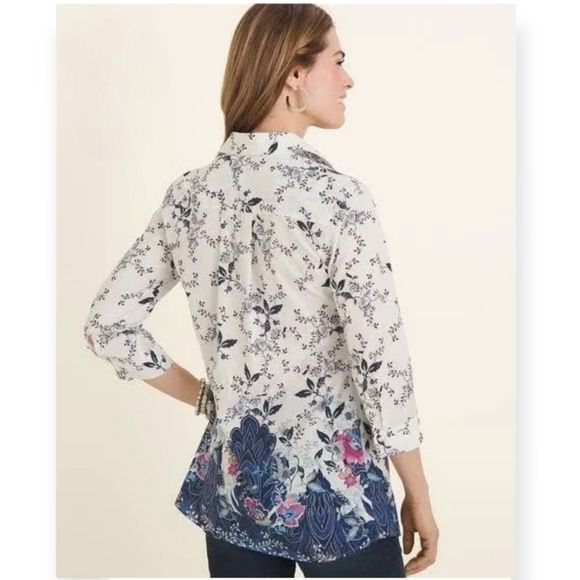 Chico's Women's No-Iron Petite Cotton-Blend Jacobean Print Stain Shield Pocket T - Picture 2 of 9